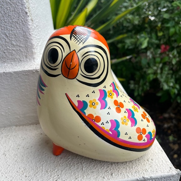 Ceramic Multi Orange Floral 7X7" Owl Bird Figurine Piggy Bank - Picture 6 of 10